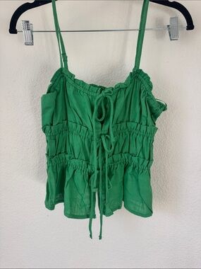 Green Ruched Tie-Front Spaghetti Strap Camisole